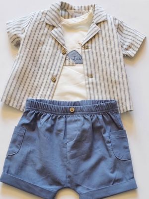 Mayoral 3 piece short set-  blue/cream striped ticking organic linen blend