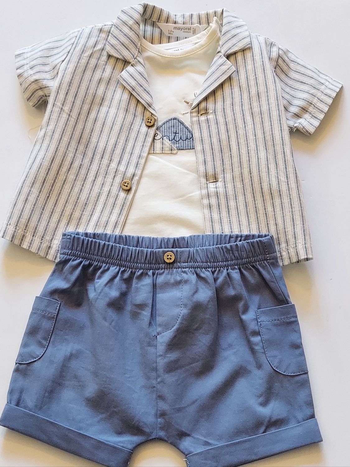 Mayoral 3 piece short set-  blue/cream striped ticking organic linen blend