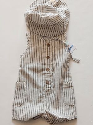 Mayoral 2 piece romper/hat set-  blue/cream striped ticking organic linen blend