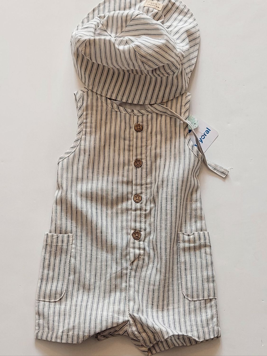 Mayoral 2 piece romper/hat set-  blue/cream striped ticking organic linen blend