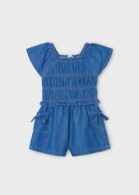 Mayoral blue denim romper w/pockets and smocking