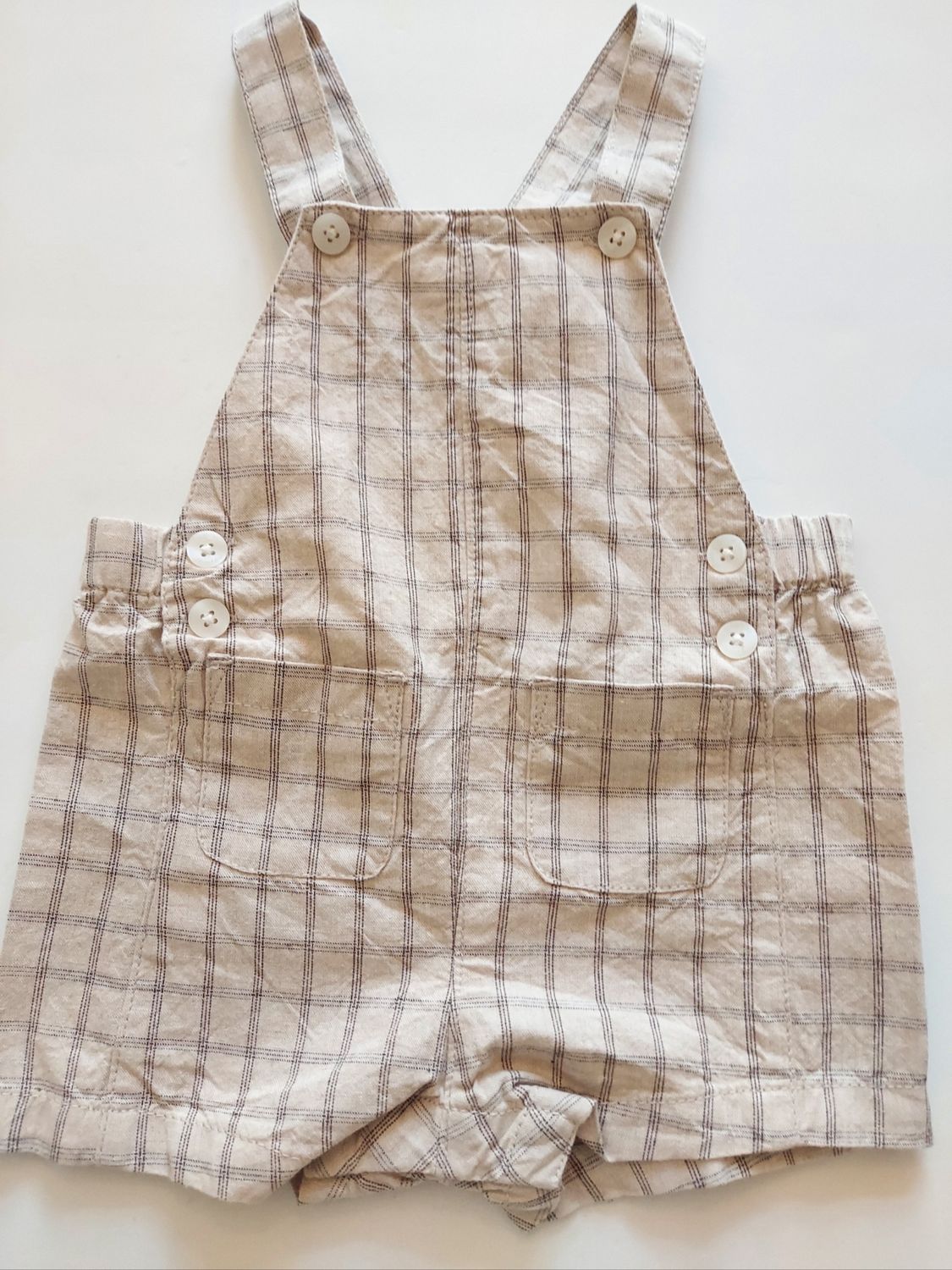 Mayoral navy/taupe plaid short overalls- 100% cotton