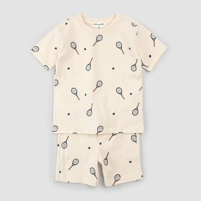 Miles the Label boys organic cotton jersey racquet ball print on birch short set