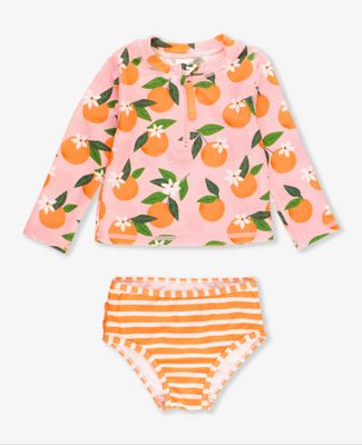 Ruffle Butts  SPF 50+ &quot;orange you the sweetest&quot; long sleeve zipper rash guard 2 piece with ruffle butt