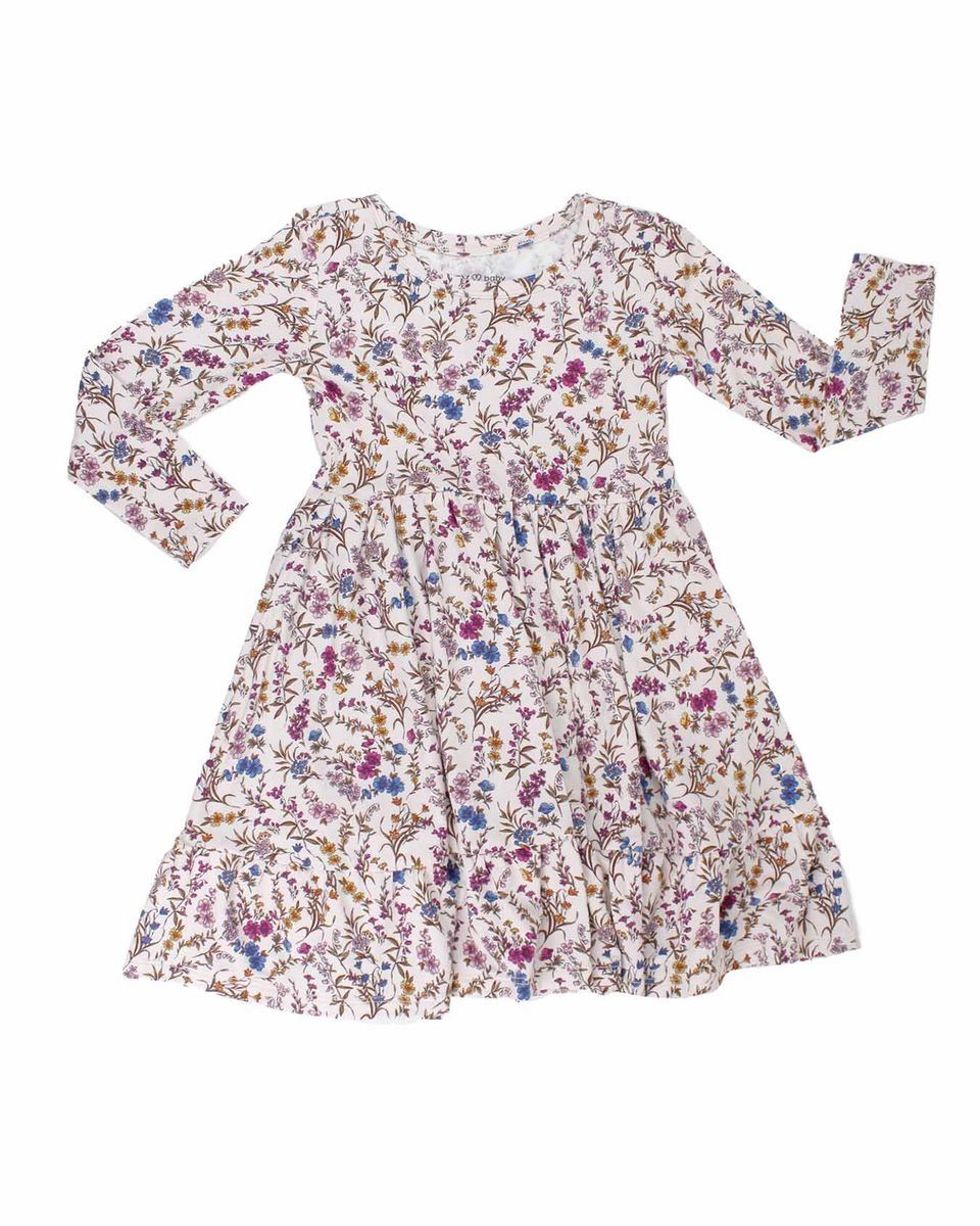 Lev Baby Bamboo floral long sleeve twirl dress w/ ruffle- Ariana