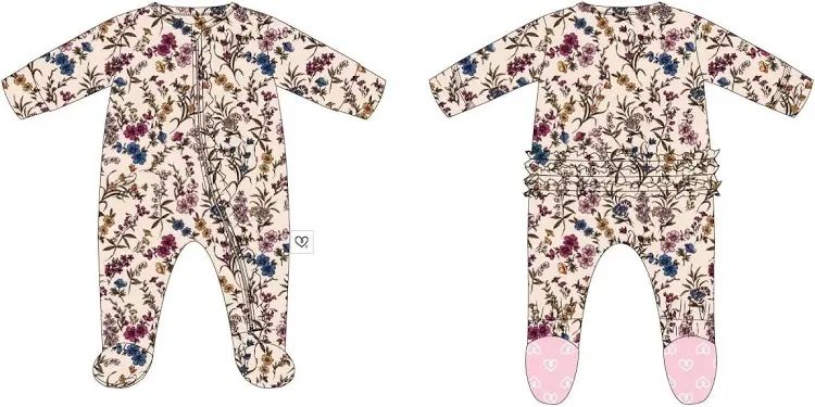 Lev Baby  Bamboo Ariana ruffle floral footie- 2 way zipper