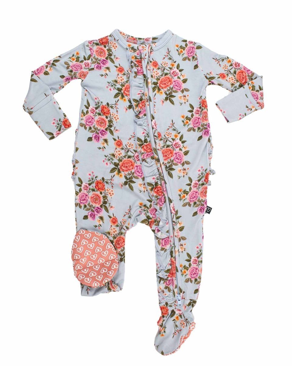 Lev Baby  Bamboo Quinn ruffle floral footie- 2 way zipper