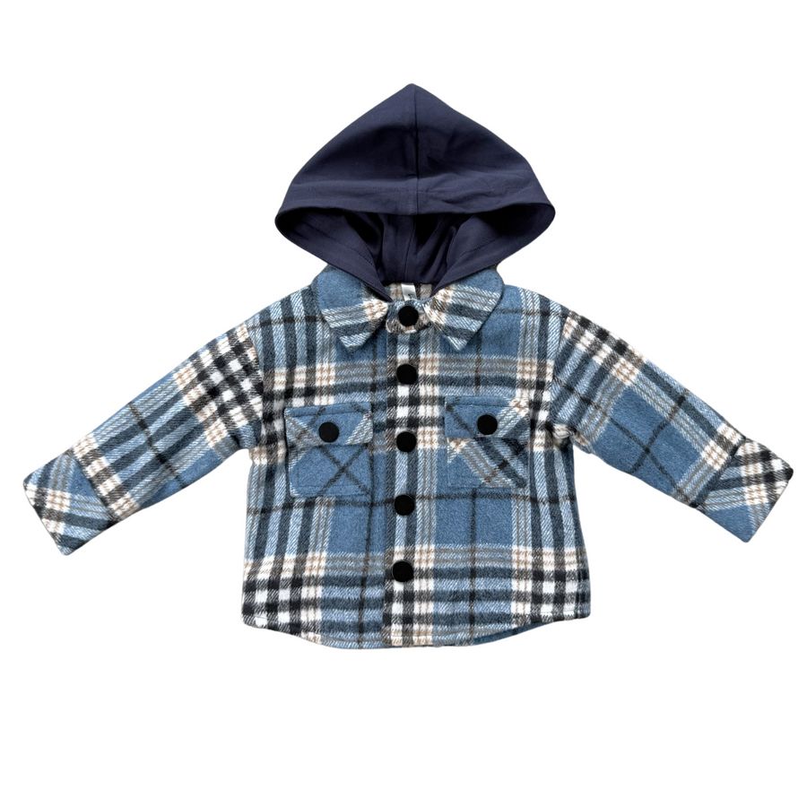 Fall Baby Sprouts blue plaid flannel hooded shacket
