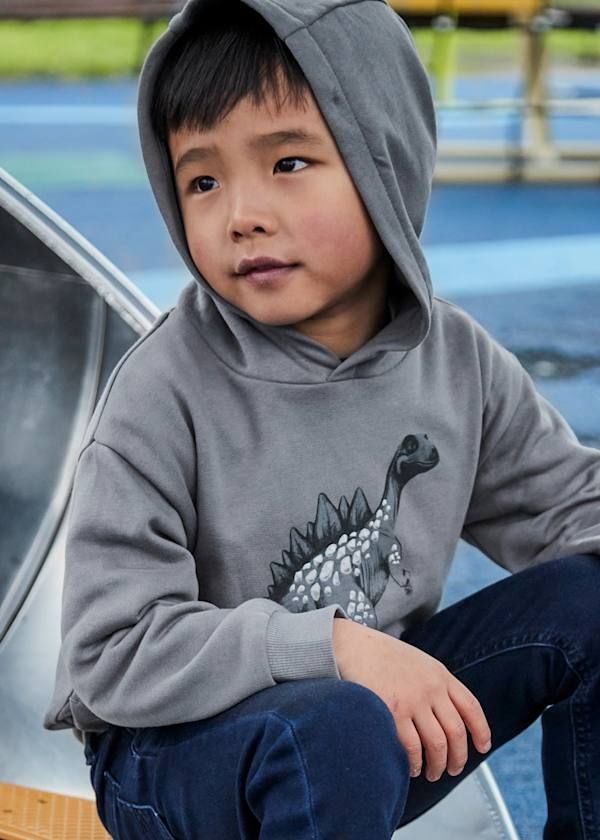 Fall Mayoral grey hooded cotton sweatshirt- 3D scales on the dinosaur-pockets
