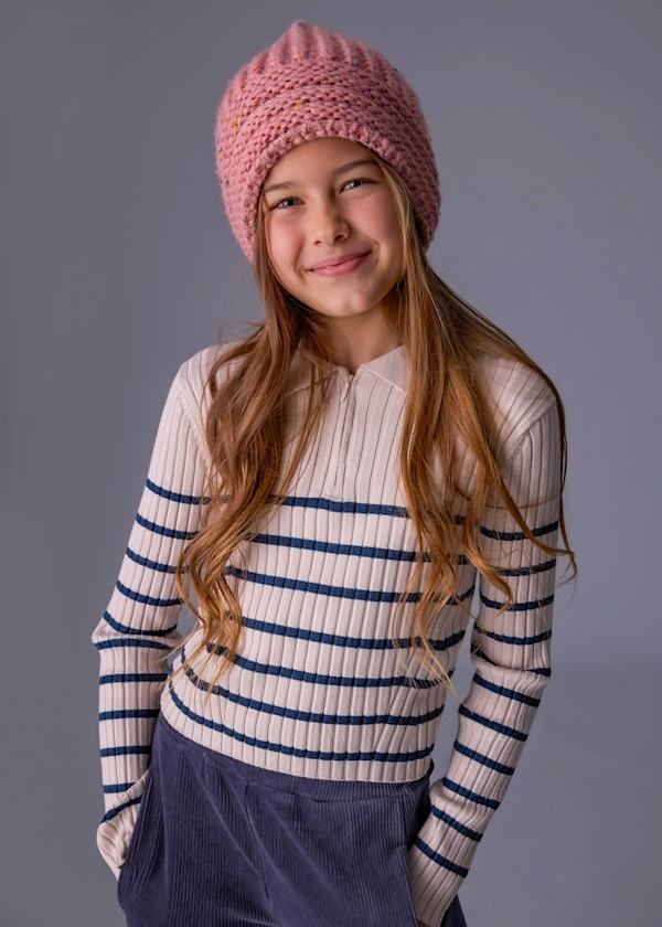 Fall Mayoral taupe/black striped ribbed knit collared sweater