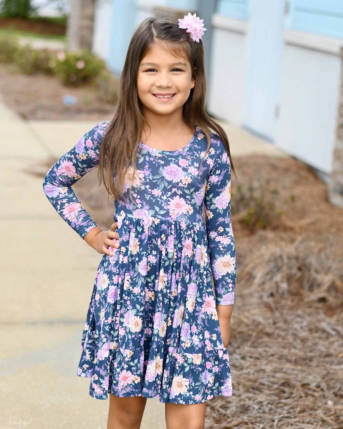 Lev Baby Bamboo floral long sleeve twirl dress w/ ruffle- Anna