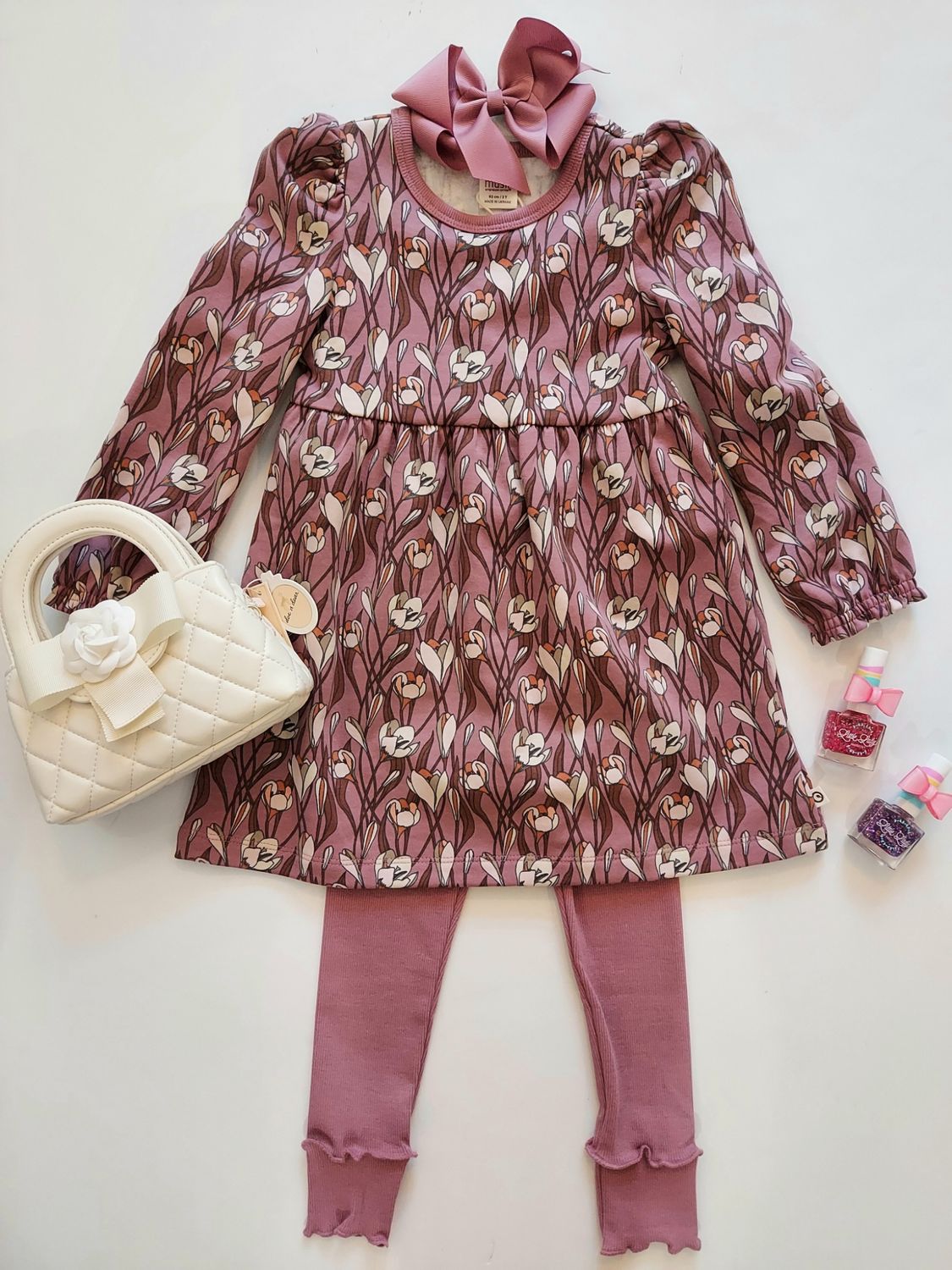Danish Musli Autumn organic cotton sweatshirt dress with floral print and matching ribbed leggings