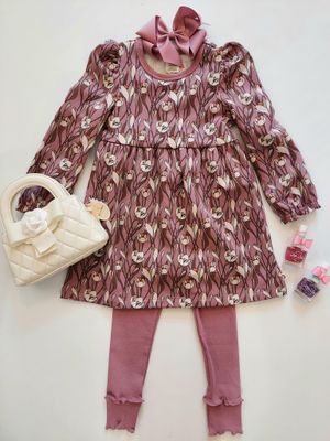 Danish Musli Autumn organic cotton sweatshirt dress with floral print and matching ribbed leggings