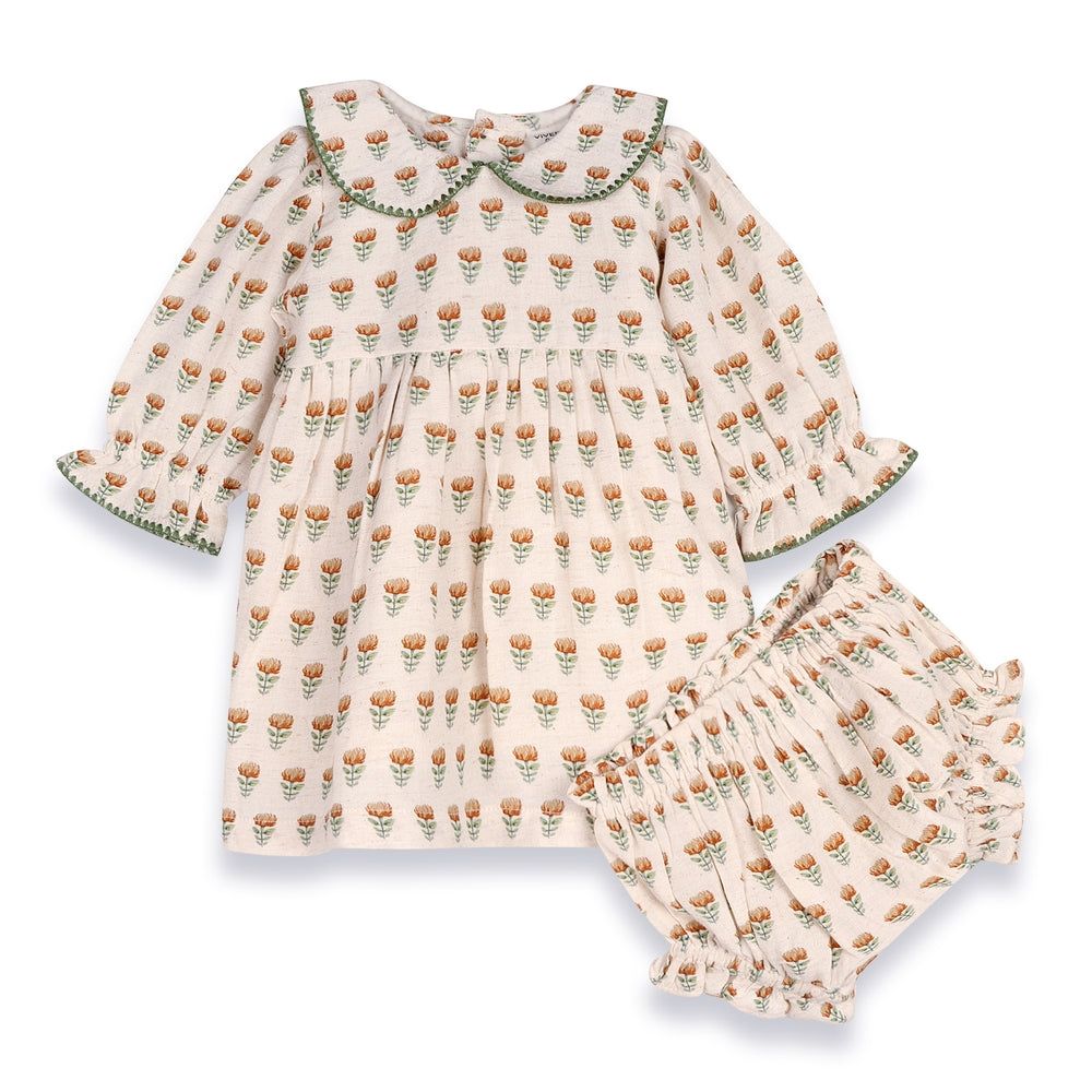Viverano Organics  Ina block floral print dress and bloomer (organic) linen -mustard floral