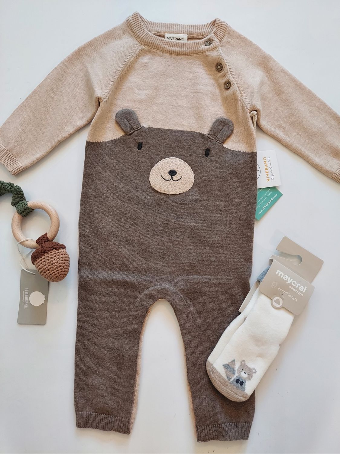 Viverano Organics Cuddly bear sweater knit  romper (organic) cotton.