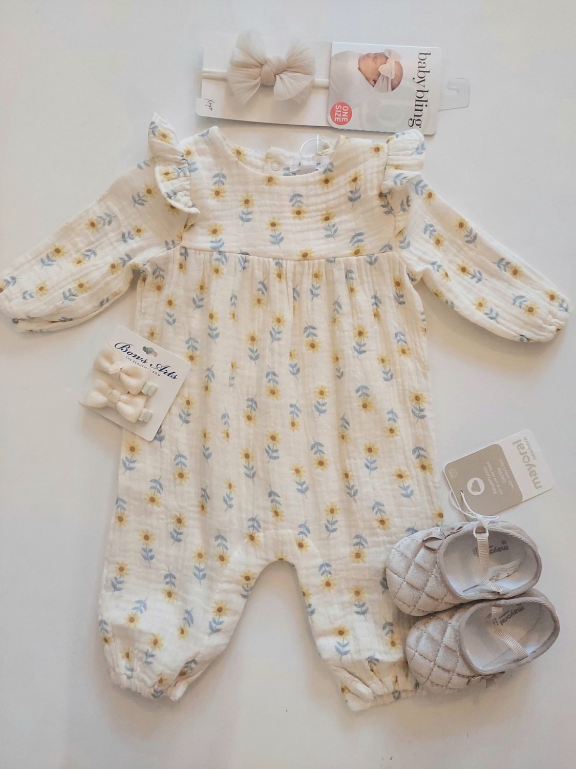 Angel Dear organic cotton muslin western sunflower romper