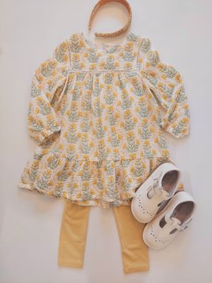 Angel Dear Winter Dandelions-Ladder trim dress and ribbed leggings- 100% organic cotton muslin