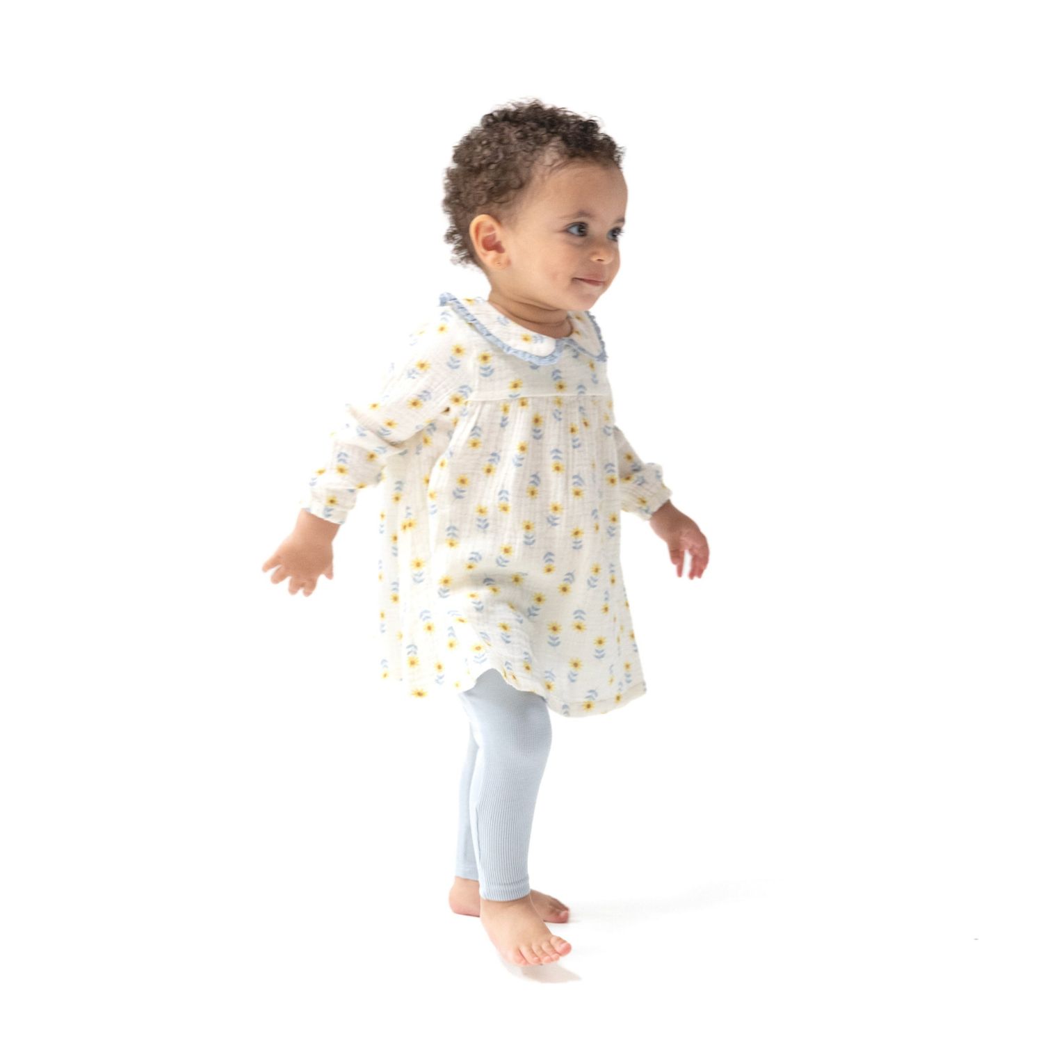 Angel Dear organic cotton muslin western sunflower Peter Pan collar dress with eyelet trim and ribbed leggings