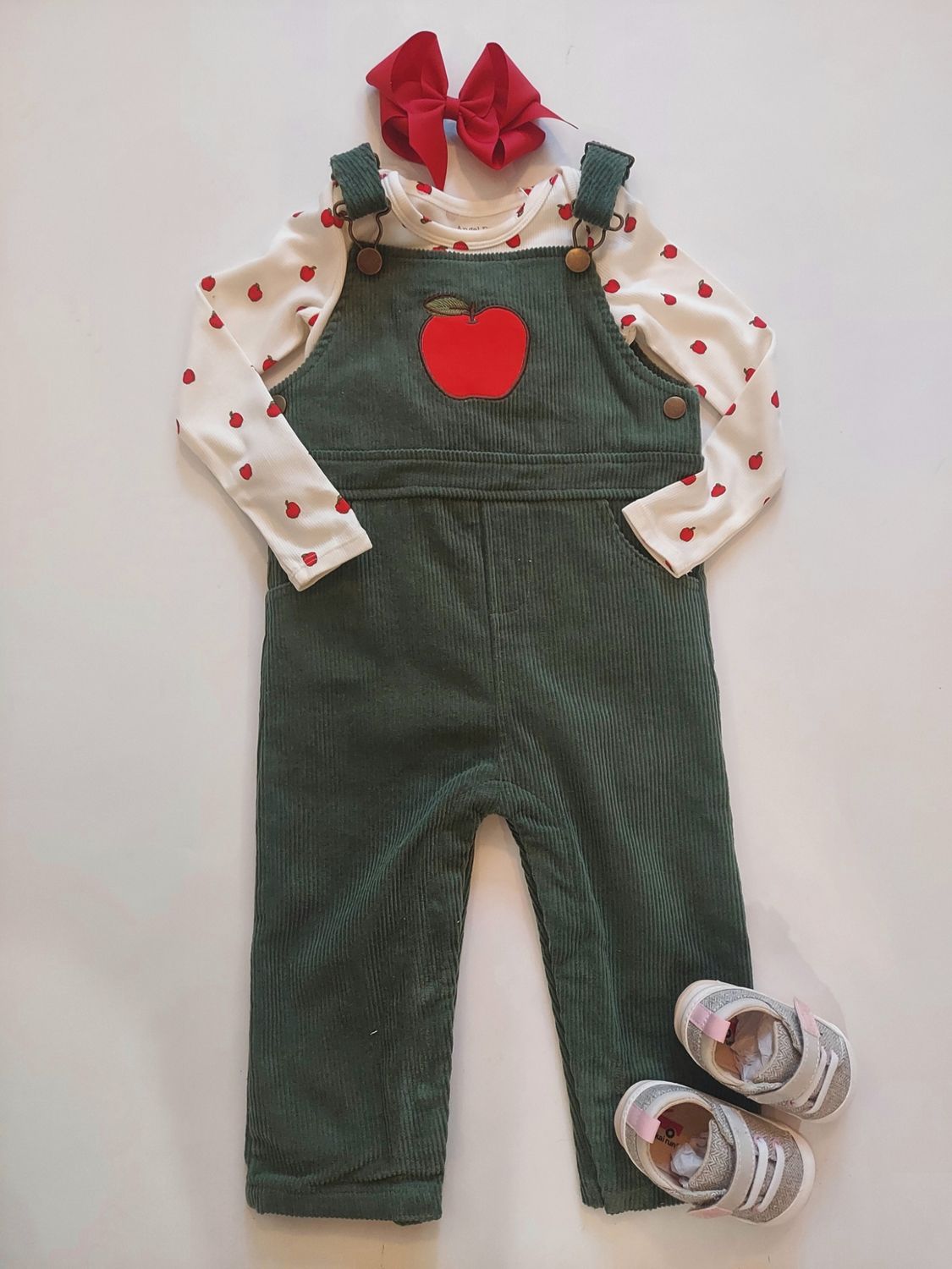 Angel Dear Dark Ivy classic corduroy overall with Apple appliqué- modal tiny apples bodysuit set