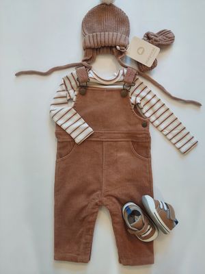 Angel Dear  classic cafe au  corduroy overall with modal striped bodysuit