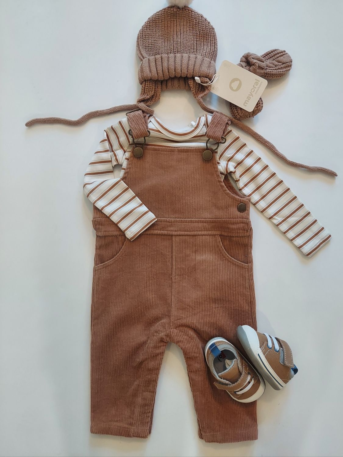 Angel Dear  classic cafe au  corduroy overall with modal striped bodysuit
