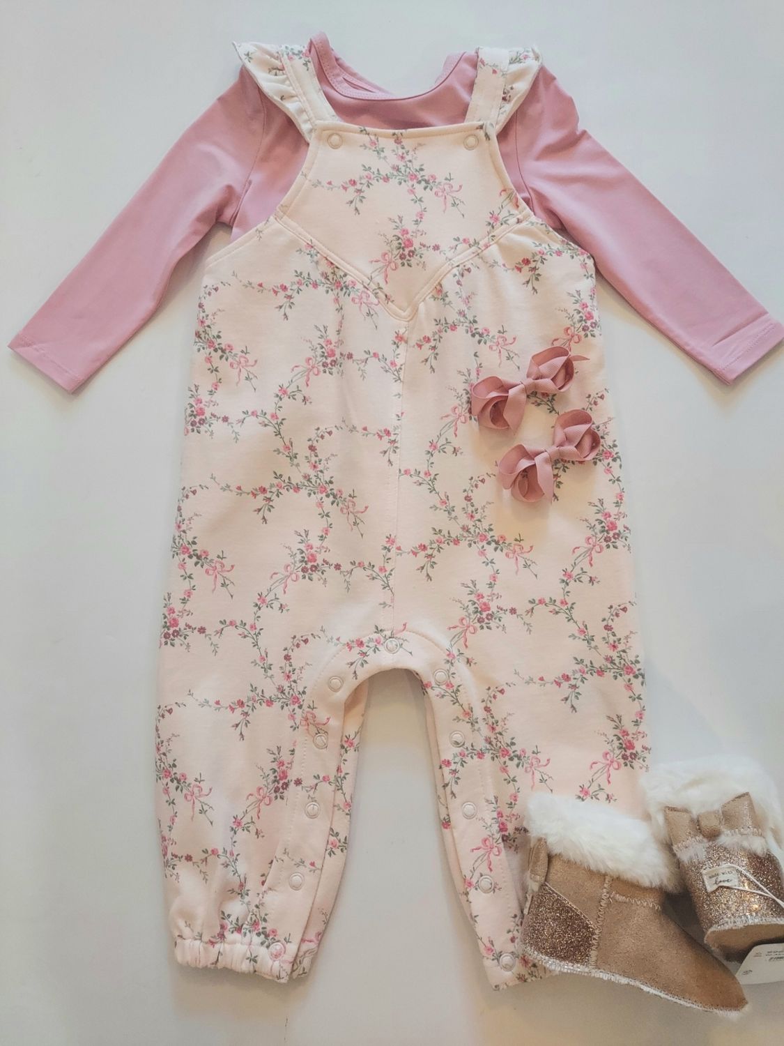 Angel Dear  French Terry Antointte Floral overall with modal pink bodysuit