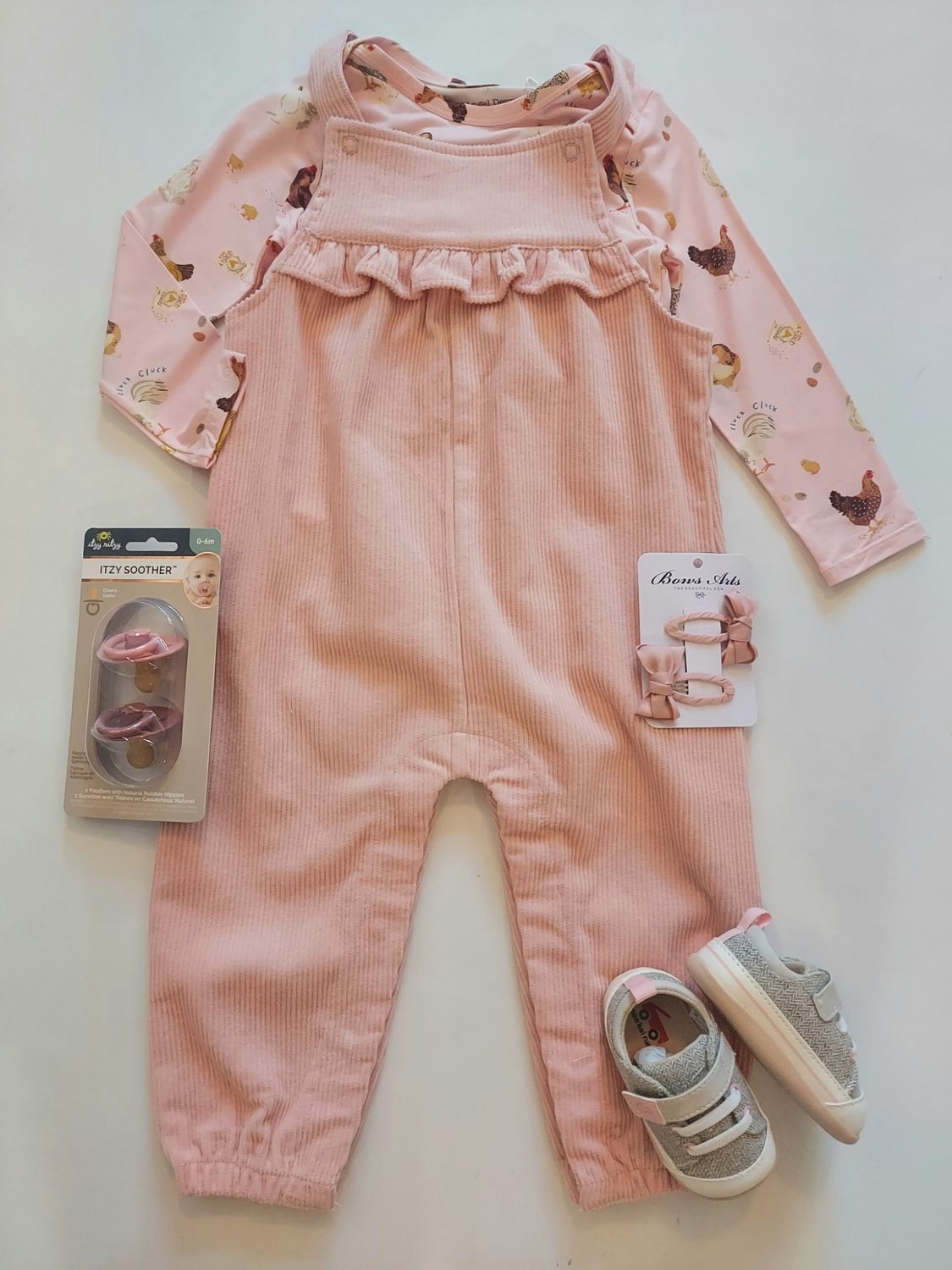 Angel Dear  classic ruffle pink corduroy overall with modal chickens bodysuit