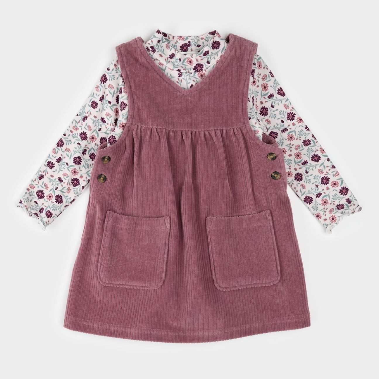 Petit Lem organic cotton floral bodysuit with Mauve corduroy jumper dress