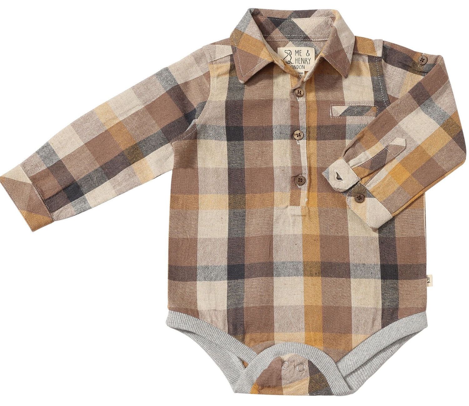Me &amp; Henry 100% cotton Jasper  woven bodysuit- brown Madras plaid