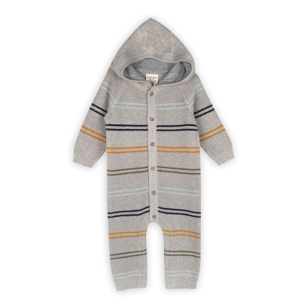 Viverano Organics classic stripe  knit baby hooded sweater knit romper (organic) cotton.