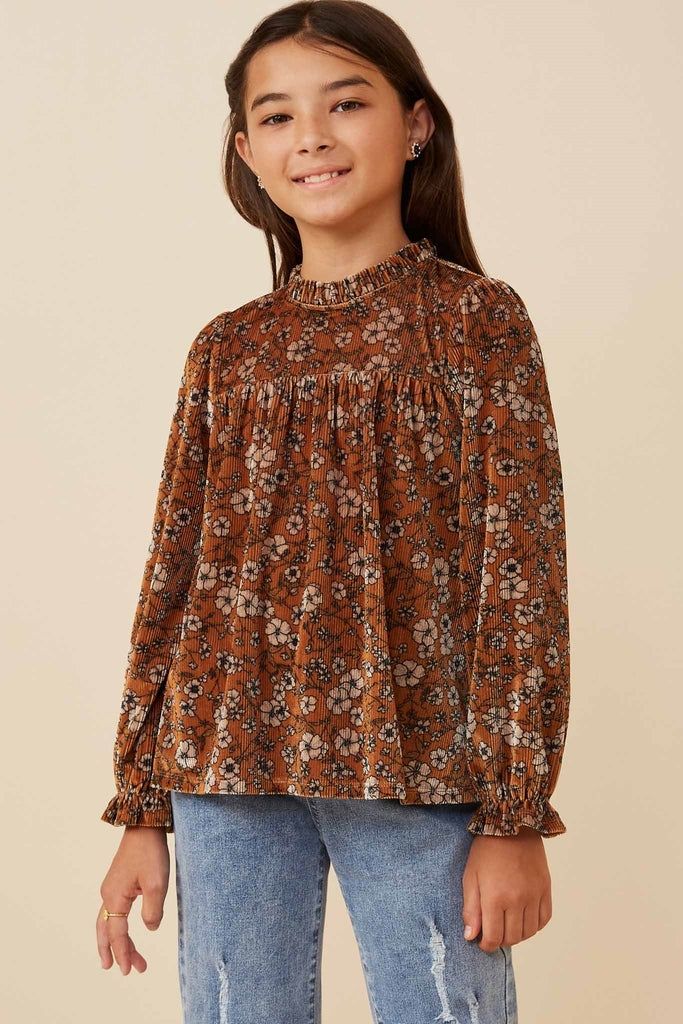 Hayden Girls Fall ribbed velour brown floral ruffle neck top-tween