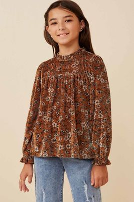 Hayden Girls Fall ribbed velour brown floral ruffle neck top-tween