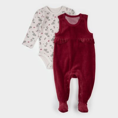 Petit Lem organic cotton winterberry holly print thermal top with velour overall footie set