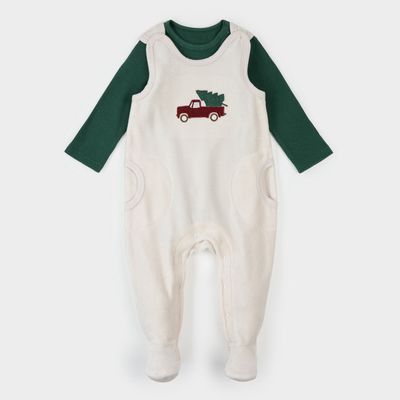 Petit Lem organic cotton dark green  thermal overall footie set- velour overall