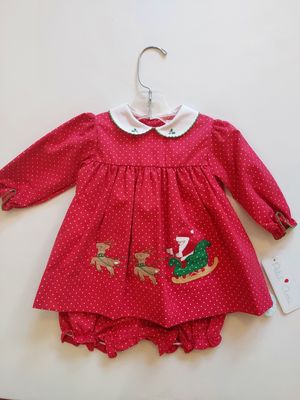 Petit Ami Holiday dress with embroidered collar and Santa on the skirt- bloomer included