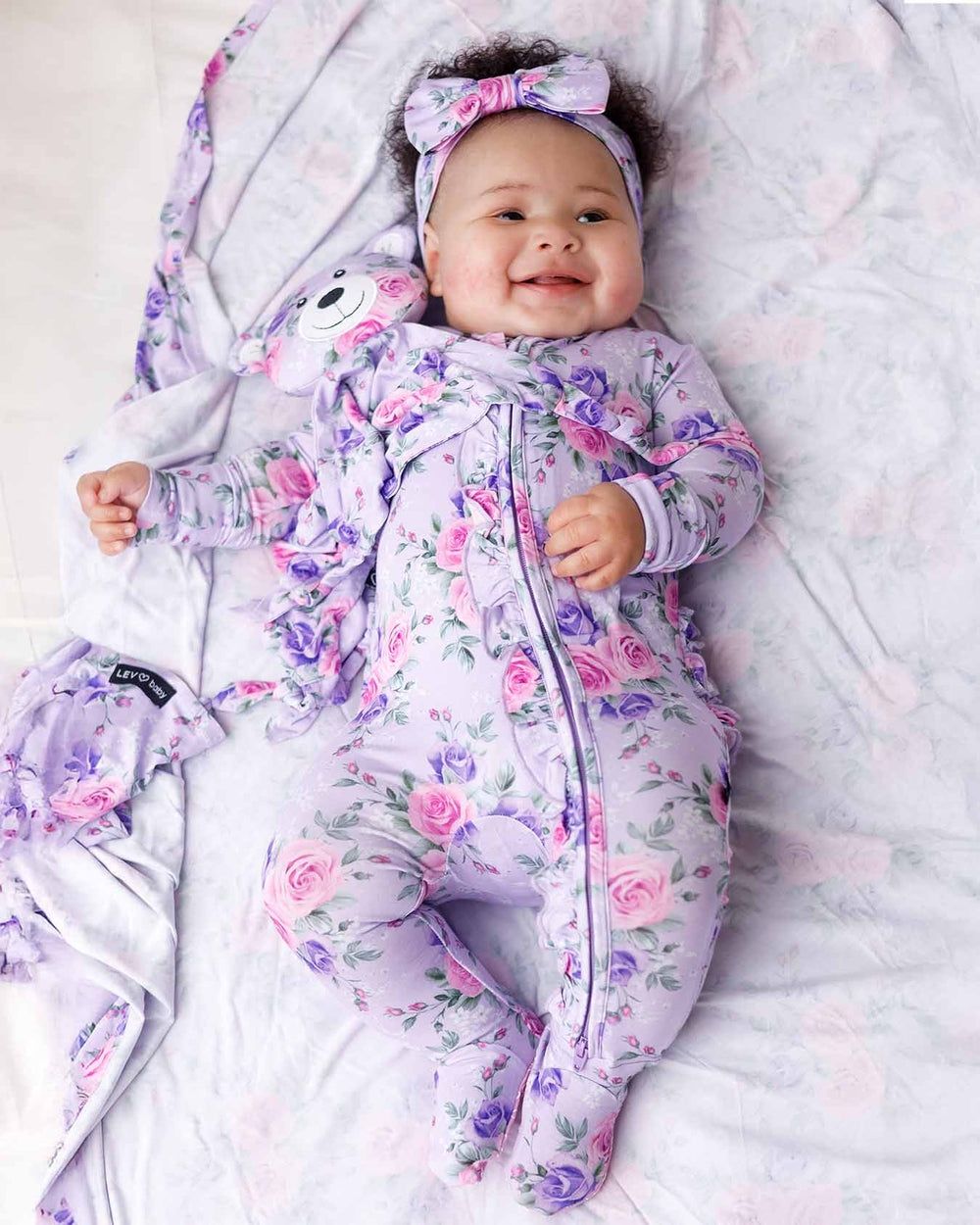 Lev Baby  Bamboo Eliza  ruffle floral footie- 2 way zipper