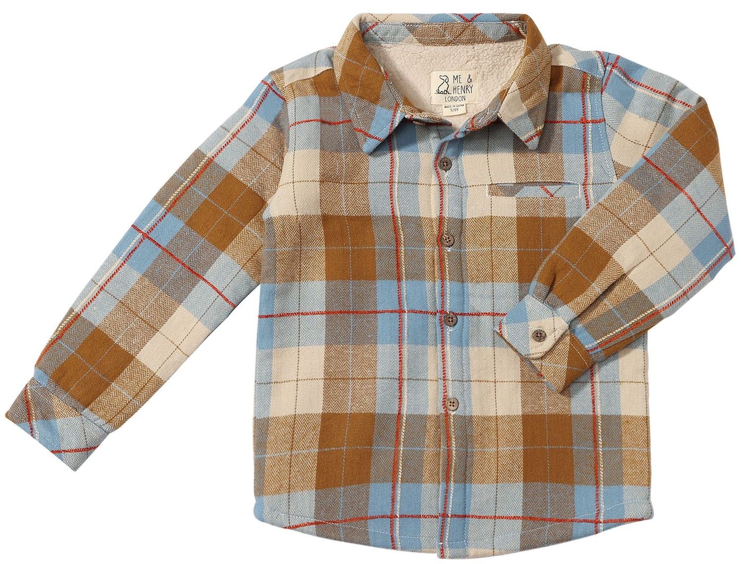 Me &amp; Henry adventurer 100% cotton sherpa lined woven shirt- Madras beige/brown plaid