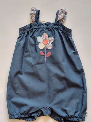 Danish Musli organic cotton chambray beach  bodysuit/romper- embroidered flower
