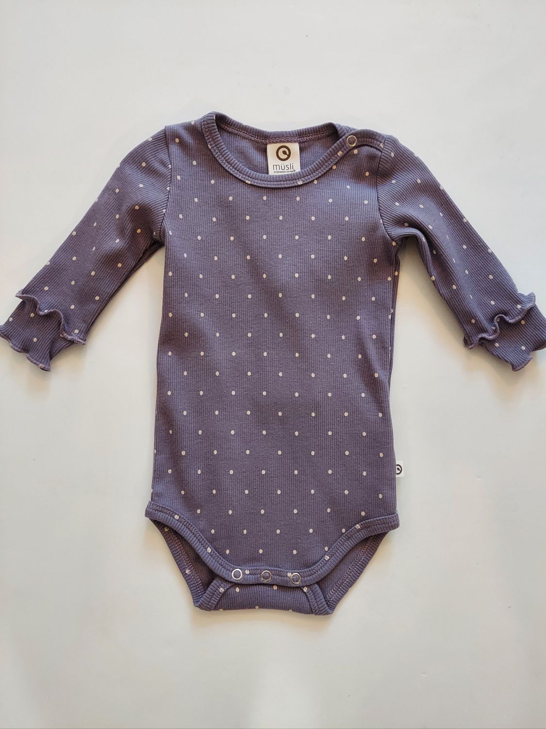Fall Musli  purple dot ribbed bodysuit-organic cotton