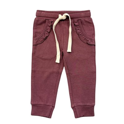 Baby Sprouts ruffle pocket trimmed joggers in rose brown-Soft medium weight bamboo/cotton blend