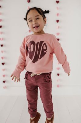 Baby Sprouts Drop shoulder pullover "love" in rose-Soft medium weight bamboo/cotton blend