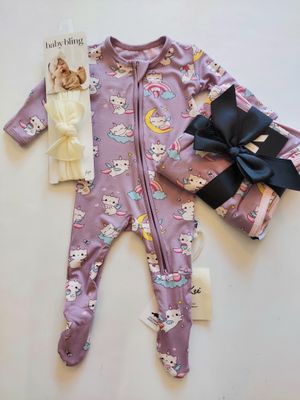 Kickee Pants -bamboo 2 way zipper footie- Lavender Caticorn