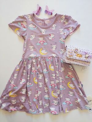 Kickee Pants -bamboo flutter sleeve twirl dress with pockets - lavender Caticorn