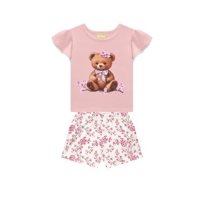 Milon 2 pc cotton set-bear  top/floral shorts