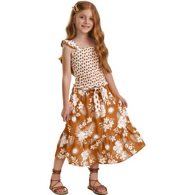 Brazilian Milon cotton skirt set with smocked top, lined floral  midi long skirt