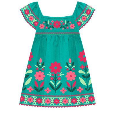 Brazilian Milon/Nanai  cotton teal floral dress with a ric rac look