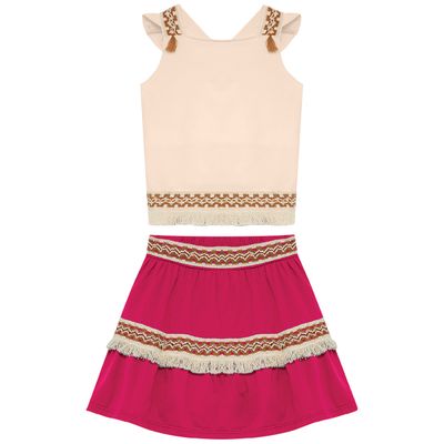 Brazilian Milon cotton skirt set with eyelash trim, criss cross strap back