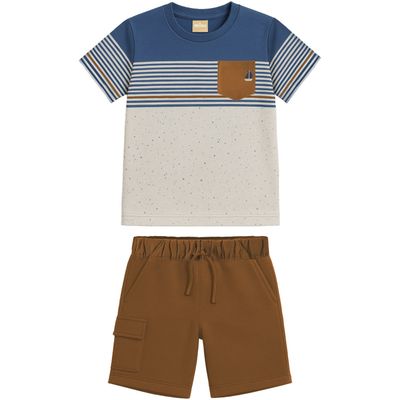 Brazilian Milon cotton short set- blue/beige pocket shirt with taupe elastic waist pocket shorts.