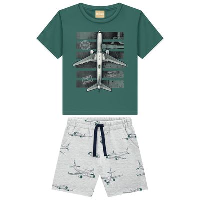 Brazilian Milon cotton short set- teal airplane shirt with grey all over airplane print shorts. .