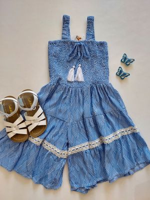 Joyous and Free Sammie Romper, ruffle skirt with ribbon trim- smocked bodice; ribbon hem